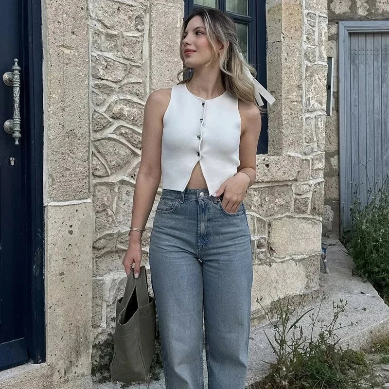 Damen Ärmelloses Stricktop mit Rundhals und Knopfleiste Kurz geschnitten