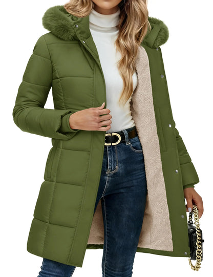 Damen Winter Steppmantel mit Kapuze, Teddyfutter und Kunstpelzbesatz