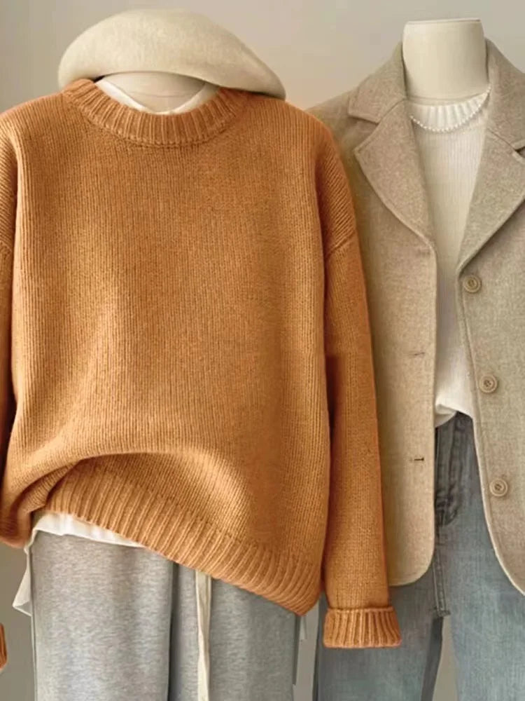 Ribbed crew-neck knit sweater, loose fit, multicolored