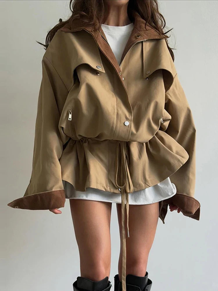 Women's beige oversized-style jacket with drawstring and contrasting collar