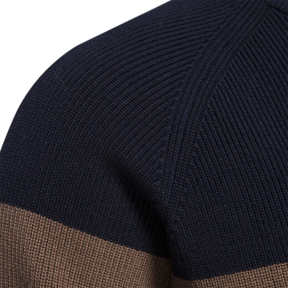 Men's zip-up cardigan with stand collar and color-block design