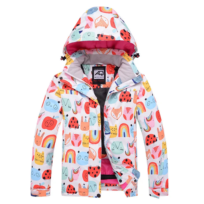 Bunte Outdoor-Jacke mit Kapuze und Muster, wasserabweisend
