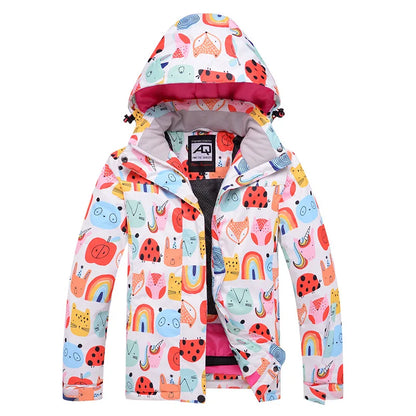 Bunte Outdoor-Jacke mit Kapuze und Muster, wasserabweisend