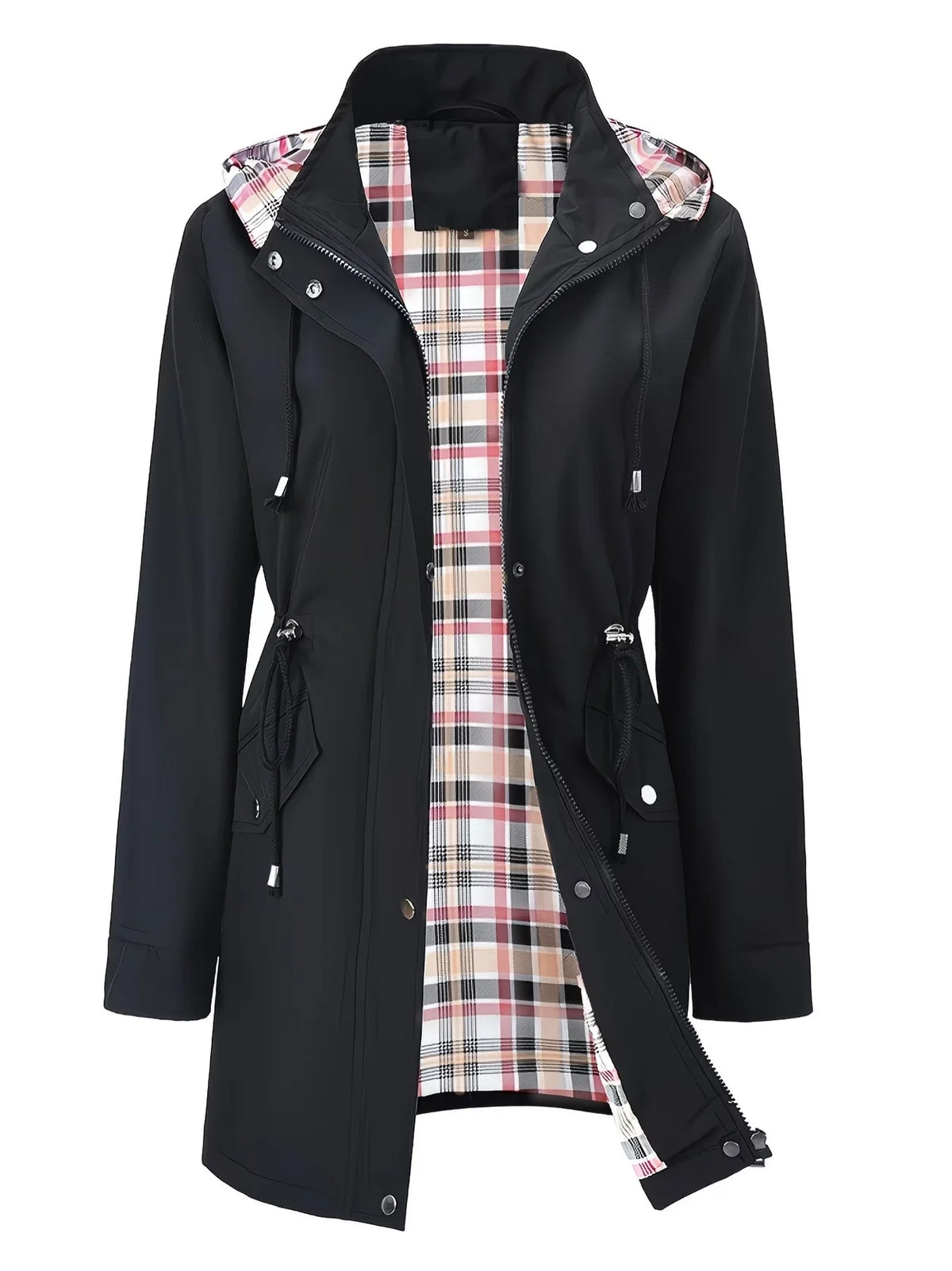 Black women's rain jacket with checked pattern, lined, windproof, breathable