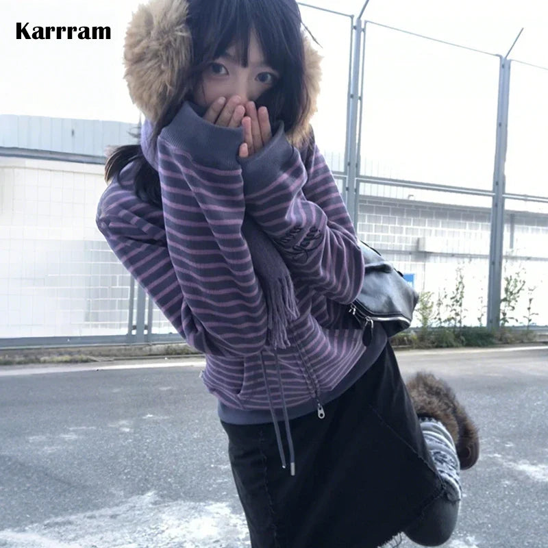 Women's striped zip-up hoodie with long sleeves and hood, lilac-gray mélange