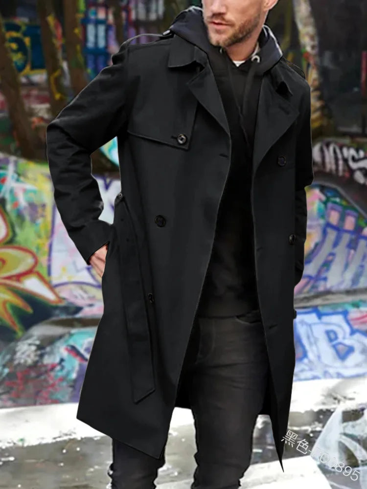 Herren Trenchcoat Zweireiher Mittellang mit Gürtel Klassischer Mantel