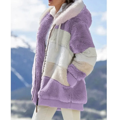 Damen Teddyfell Jacke mit Kapuze und Reißverschluss, mehrfarbig
