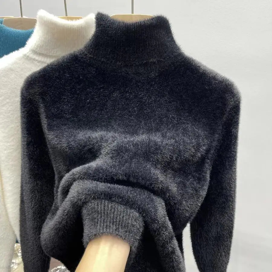 Soft women's turtleneck sweater long sleeves knitted sweater fuzzy sweater
