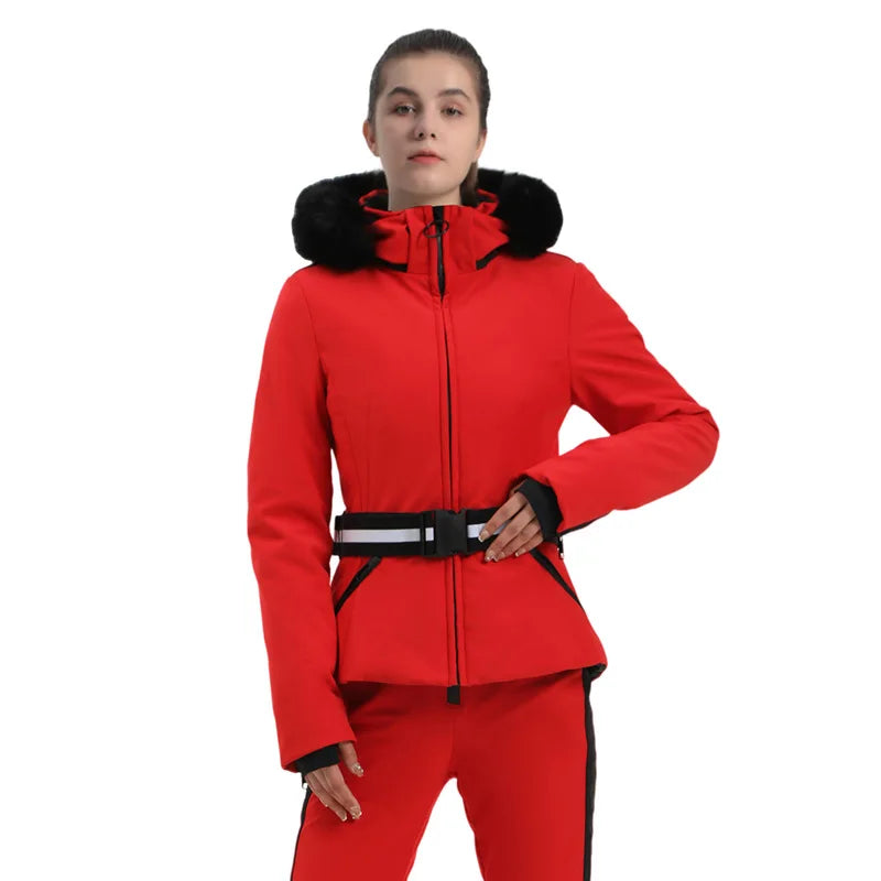 Women's ski jacket with check pattern and faux fur hood, belt, water-repellent