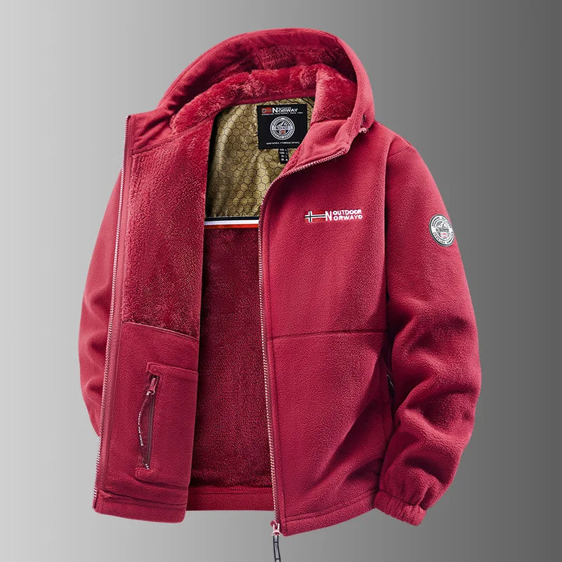Men's lined fleece jacket with hood and zip closure