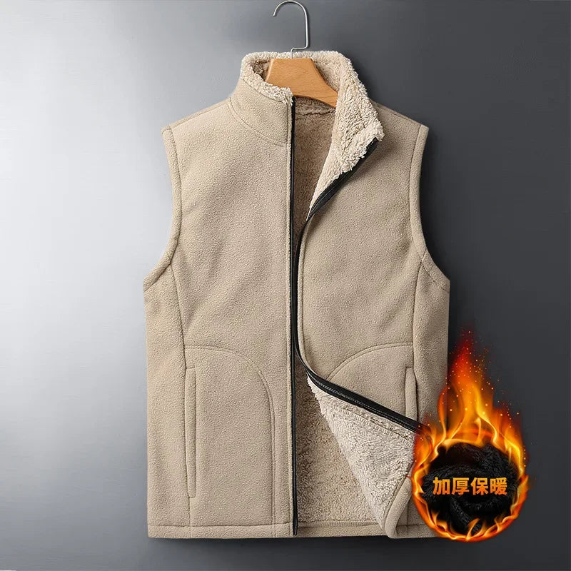 Unisex fleece vest with stand-up collar and plush lining for men and women