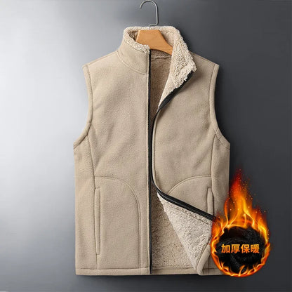 Unisex fleece vest with stand-up collar and plush lining for men and women