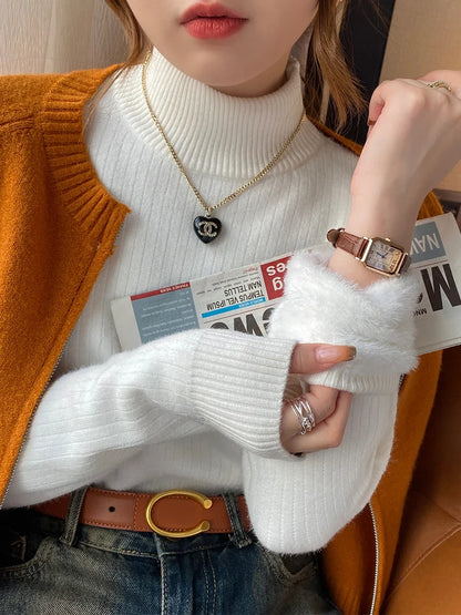 Damen Rollkragen Rippstrick Pullover mit Plüschfutter