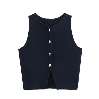 Damen Ärmelloses Stricktop mit Rundhals und Knopfleiste Kurz geschnitten