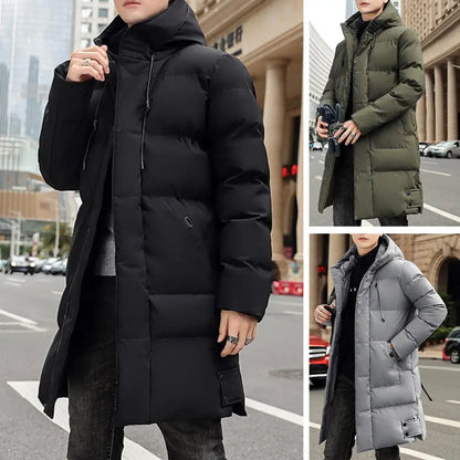 Men's long quilted coat with hood and zipper
