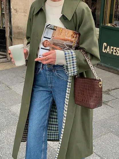 Women's Long Trench Coat, Transitional Jacket, Checked Lining