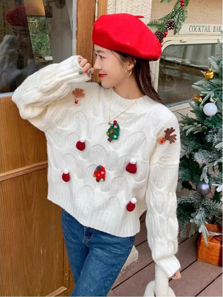 Weihnachtspullover Damen Strickpullover Rundhals mit Applikationen