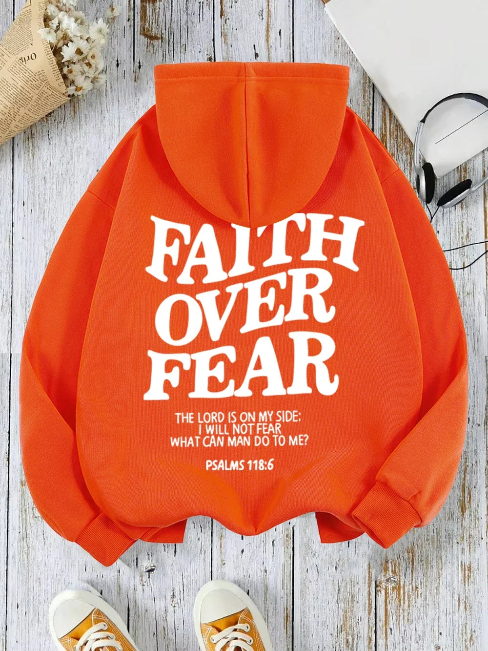Hoodie with "Faith Over Fear" lettering and Bible quote, oversized hoodie