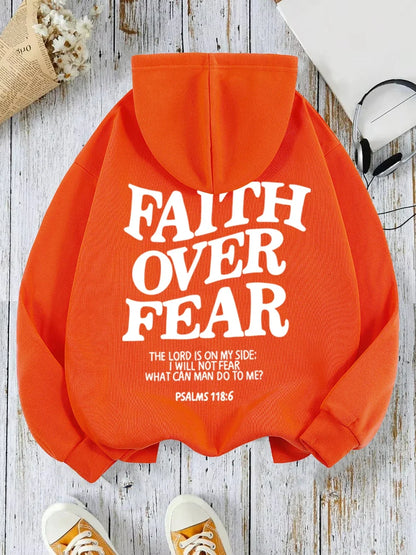 Hoodie with "Faith Over Fear" lettering and Bible quote, oversized hoodie