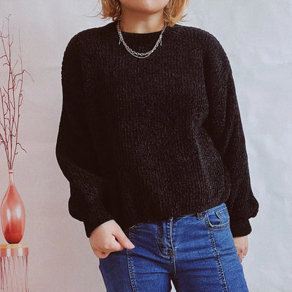 Damen Rib-Pullover Weiche Struktur Langarm Schwarz