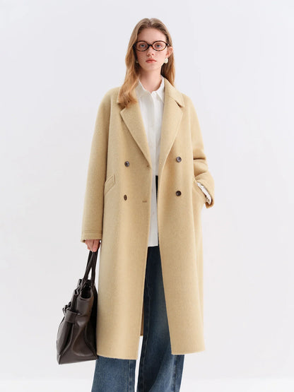 Damen Langer Mantel Doppelreiher Reverskragen Beige Winter