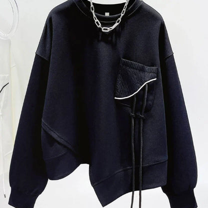 Women's Crew-Neck Sweatshirt with Asymmetrical Hem and Decorative Drawstrings