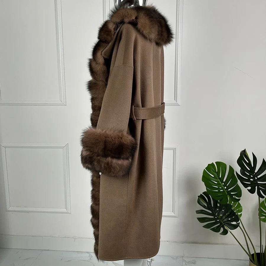 Women's Brown Winter Coat with Fur Collar and Fur Trim