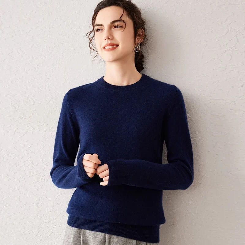 Women's crew-neck long-sleeve basic knitted sweater, cozy pullover