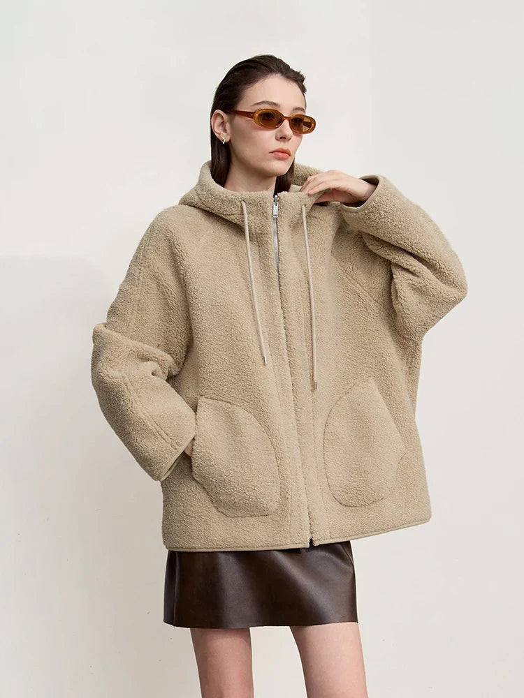 Women's short teddy-style hooded jacket, soft, zipper, beige