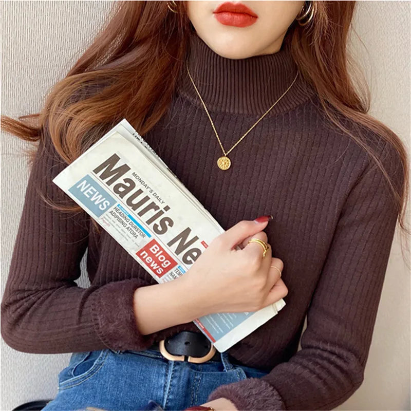 Damen Rollkragen Rippstrick Pullover mit Plüschfutter