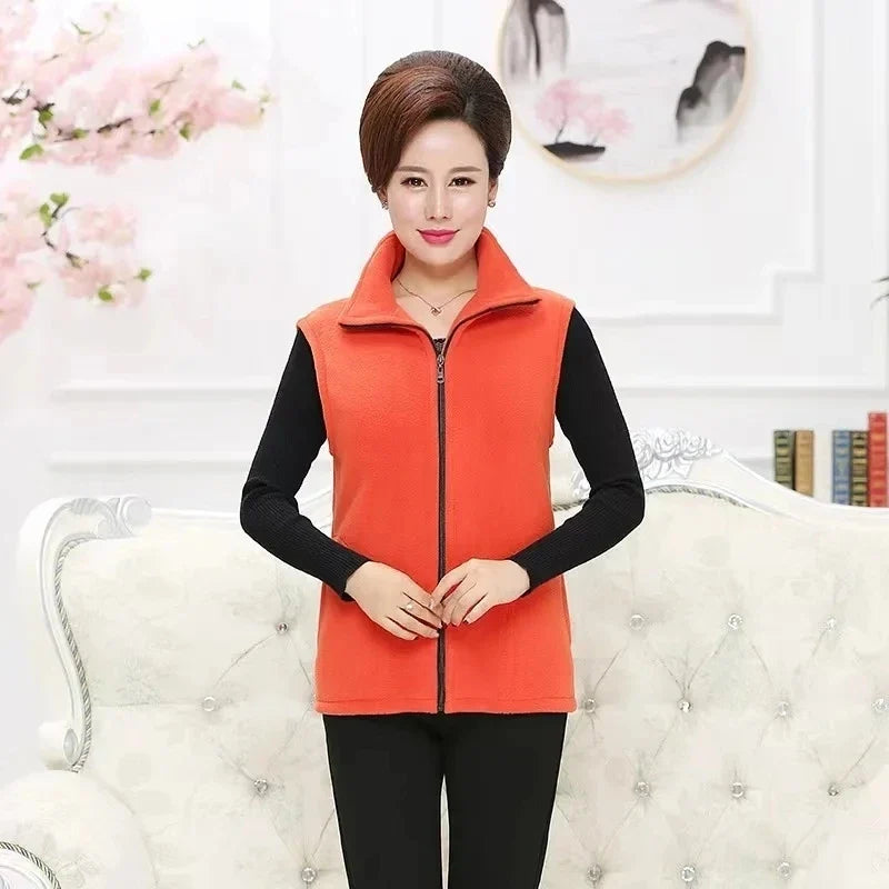 Unisex fleece vest with stand-up collar and zipper