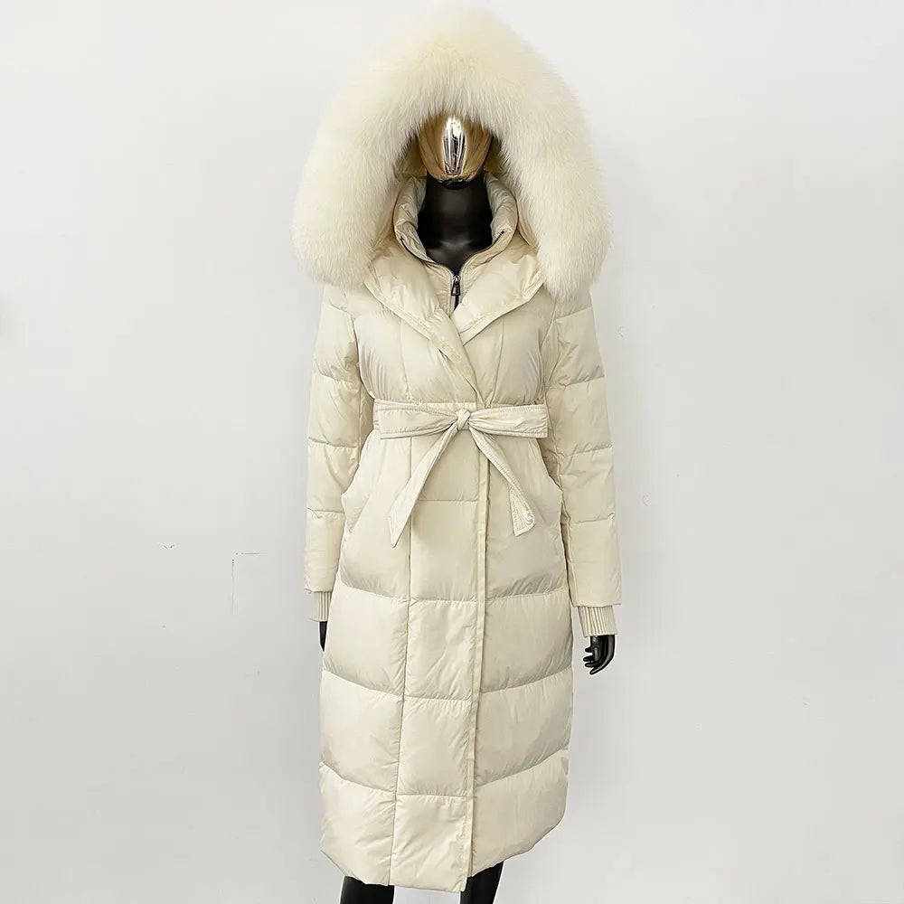 Women's quilted winter down coat with faux fur trim and belt