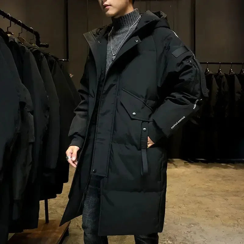 Men's long winter coat with hood and zipper, padded, black