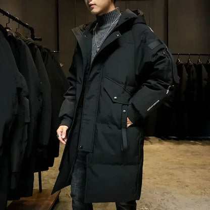Men's long winter coat with hood and zipper, padded, black