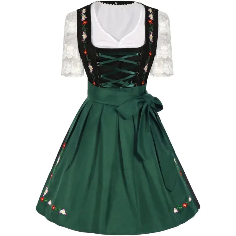 Dirndl Damen Traditionelles 3-teiliges Set Grün Schwarz Weiß mit Blumenstickerei