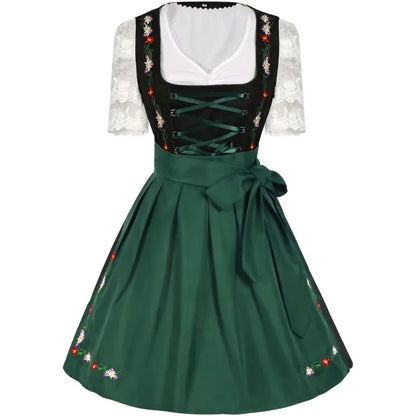 Dirndl Damen Traditionelles 3-teiliges Set Grün Schwarz Weiß mit Blumenstickerei