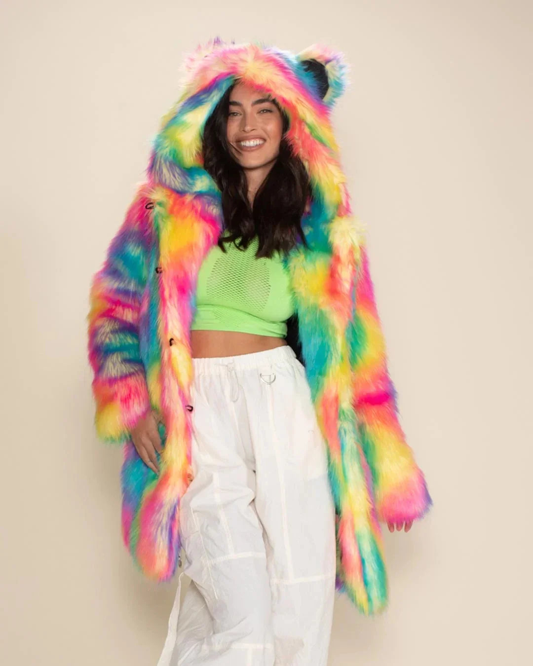 Colorful teddy plush coat with hood and ears, rainbow colors