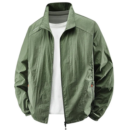 Lightweight men's windbreaker jacket with stand collar and zipper