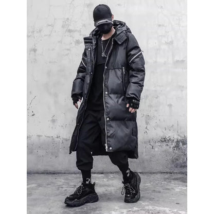 Unisex Langer Steppmantel Schwarz mit Kapuze