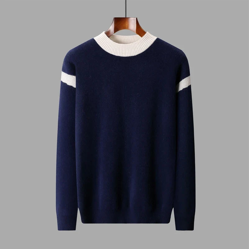 Men's crew-neck knit sweater with caramel/cream stripes