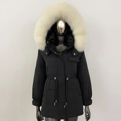 Women's winter parka jacket with fur hood and drawstring waist