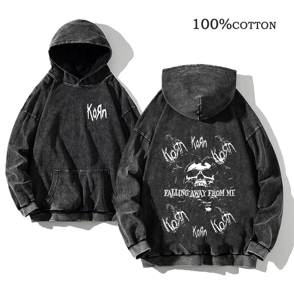 Hoodie Schwarz Grau Washed Oversize mit Band-Print Vorn & Hinten