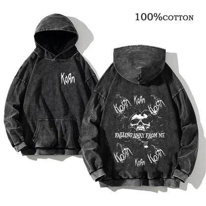 Hoodie Schwarz Grau Washed Oversize mit Band-Print Vorn & Hinten