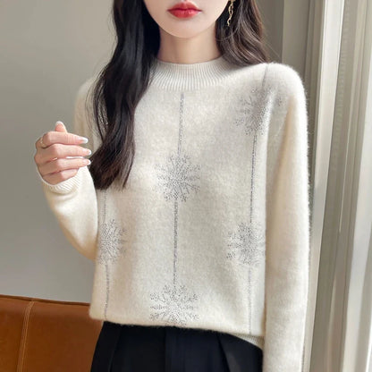 Women's sweater with stand-up collar and glitter snowflake pattern