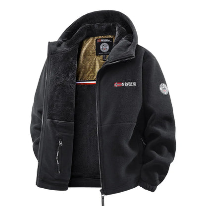 Men's lined fleece jacket with hood and zip closure