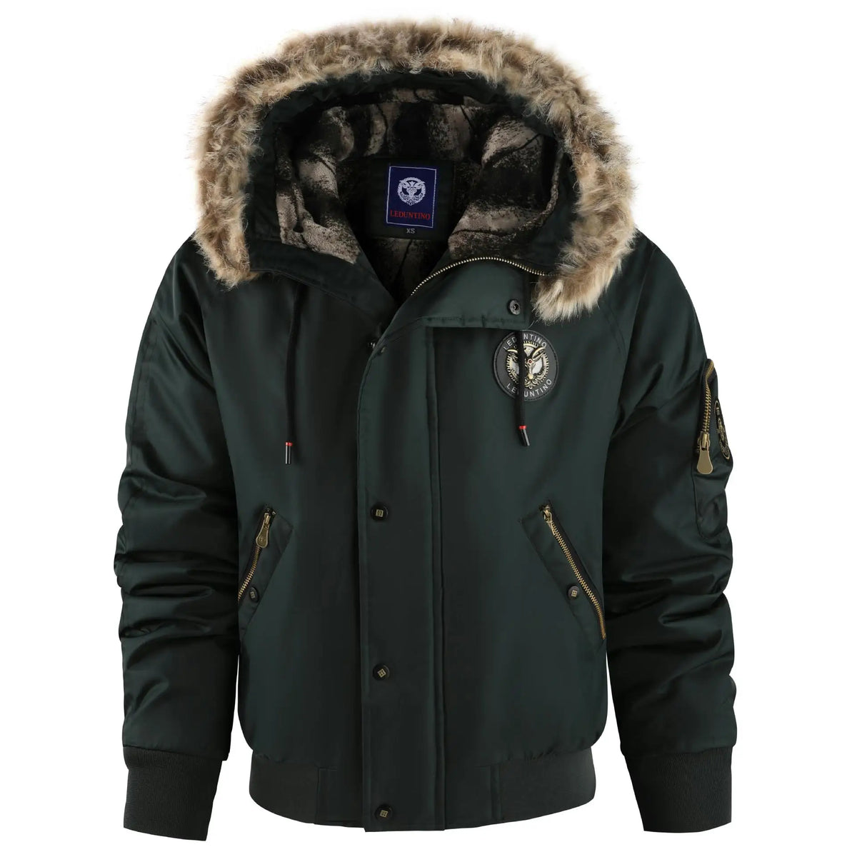Men's winter bomber jacket with detachable hood and faux fur collar, black