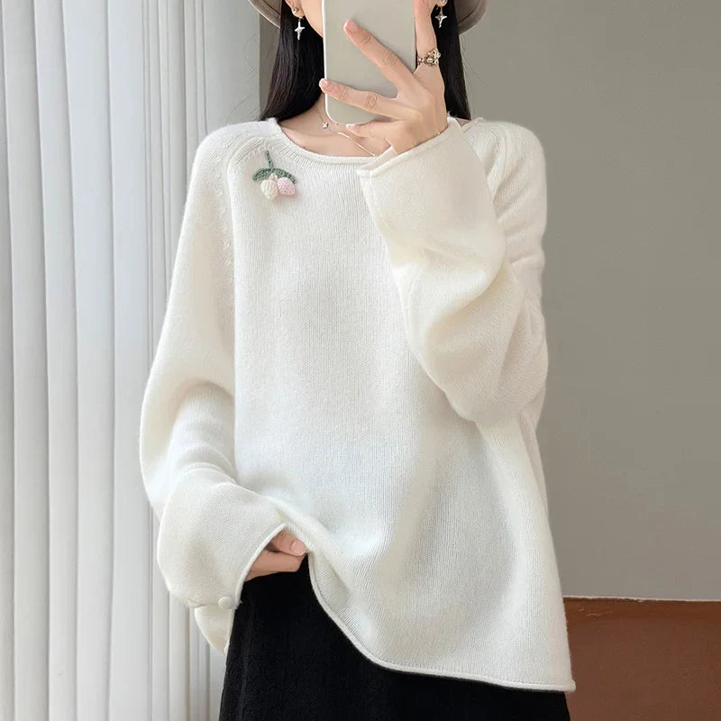 Women's Crew-Neck Long-Sleeve Sweater with Fruit Appliqué and Soft Knit