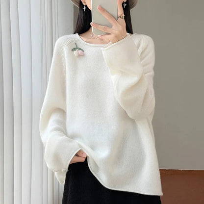 Women's Crew-Neck Long-Sleeve Sweater with Fruit Appliqué and Soft Knit