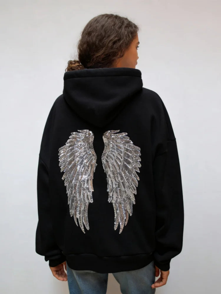 Long-sleeved hoodie with sequin wing motif on the back