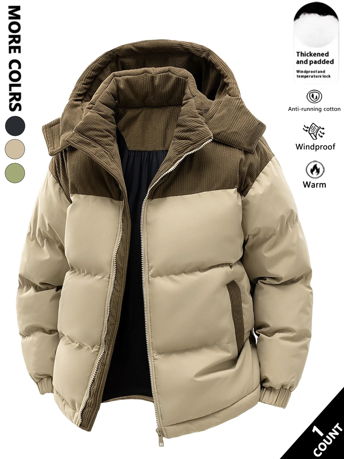 Unisex Winter Steppjacke mit Kapuze, gepolstert, Kord-Details